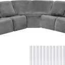 Peryiter 7 Pcs L Shape Sectional Recliner Sofa Covers 5 Seat Sectional Couch Covers Milk Silk Velvet Stretch Reclining Sofa Slipcover Furniture Protector for Living Room(Dark Gray,Velvet), 381 cm x 66 cm x 76.2 cm
