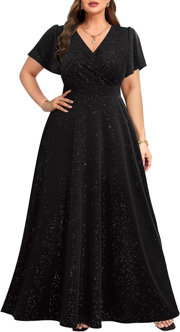 Pinup Fashion Women Plus Size Formal Dresses - Evening Gowns Wedding Guest Glitter Prom Long Dress (Black, 20W)