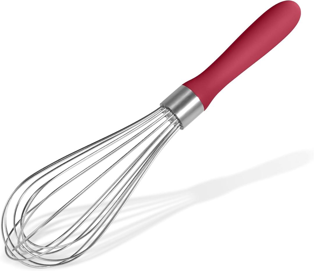 18/8 Stainless Steel Balloon Whisk, Doosu Kitchen Whisk for Cooking Handheld Egg Beater with Rust-Proof Sturdy Wires & Non-Slip Silicone Handle for Beating, Stirring, Blending (8 Wires, Red) (M)