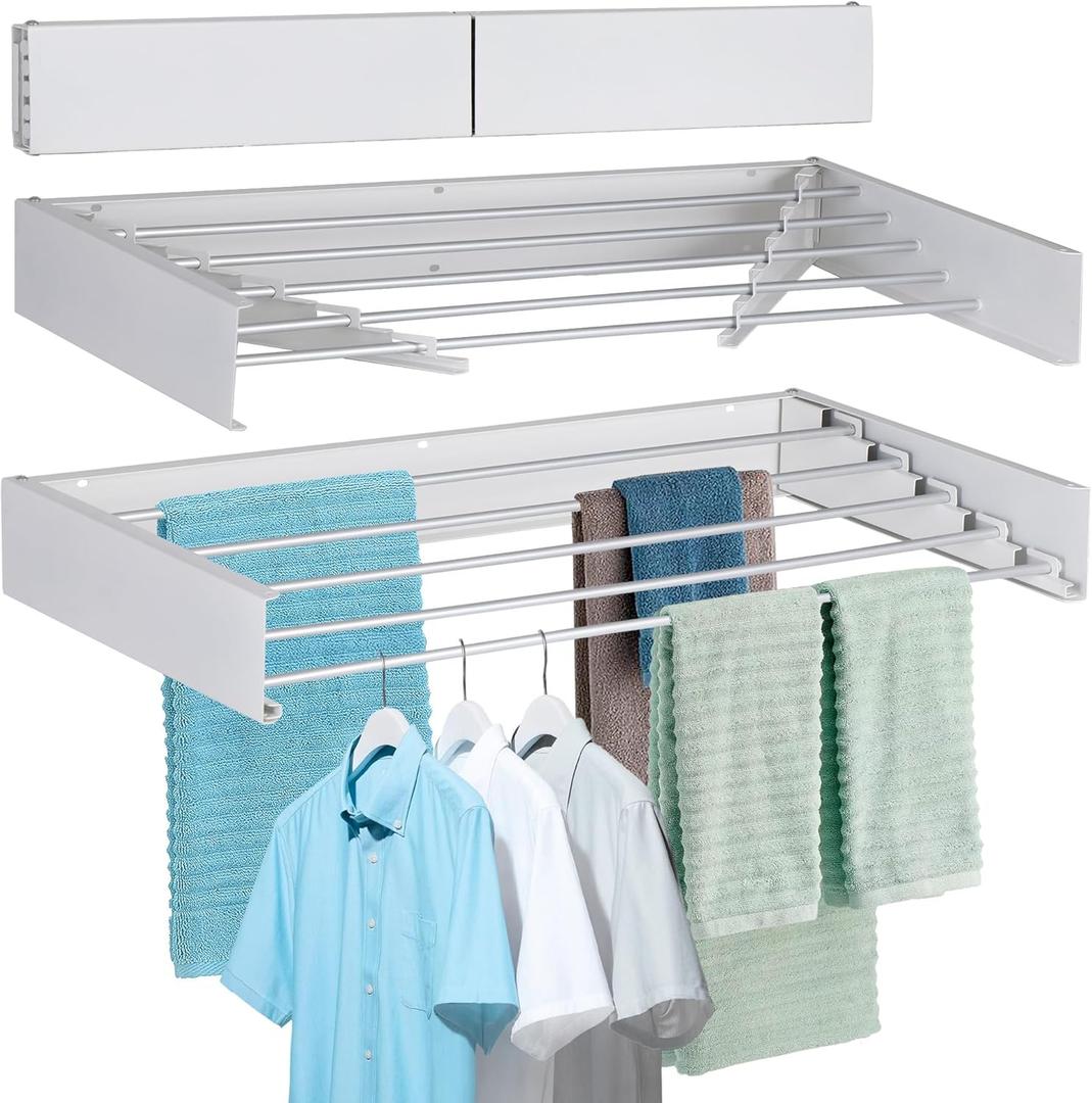 Laundry Drying Rack Wall Mounted Clothes Drying Rack Collapsible with 5 Aluminum Rods and Drilling Template Long Screwdriver Bit 60 lbs Capacity (White, 31.5")