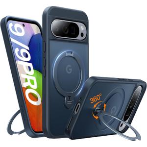 TORRAS 360Spin Magnetic Stand for Google Pixel 9 Pro Case/Pixel 9 Case, 12FT Military Protection, Compatible with Magsafe, Shockproof Translucent Slim Pixel 9 Pro Phone Case with Ring Holder, Black