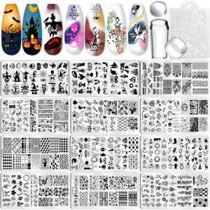 Biutee Nail Stamping Plate Set 12Pcs Nail Art Stamping Plates Nail Stamping Kit Nail Stamper Kit Flower Leaves Animal Lace Star Halloween Christmas Design Nail Stamp Plate (15PCS)