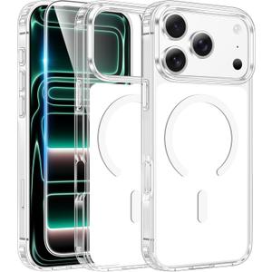 FNTCASE for iPhone 17 Pro Case: Clear Magnetic Phone Cases with Screen Protector Compatible with Magsafe Slim Anti Yellowing Rugged Shockproof Protective Transparent Cell Phone Cover (White)