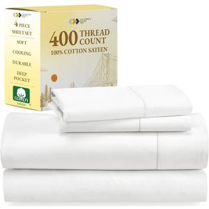 California Design Den Queen Sheet Set - Soft 400 Thread Count Sateen, Natural 100% Cotton Sheets, Deep Pockets with All Around Elastic for a Snug Fit, Cool & Durable Bedding Set - Antique White