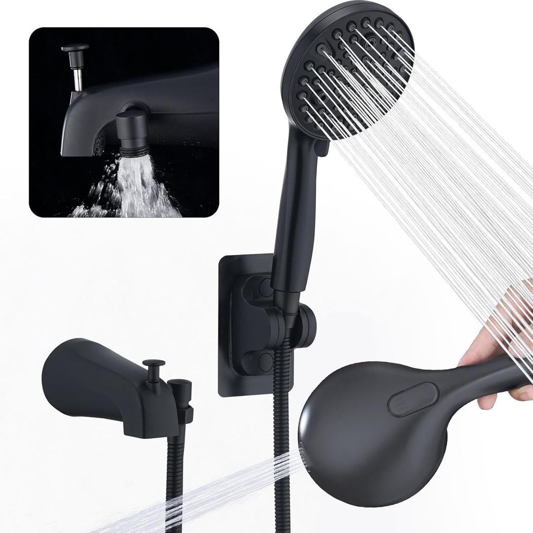 All Metal Bathtub Faucet with Stainless Steel Sprayer & Hose, 10 Settings Matte Black, Tub Spout with Diverter