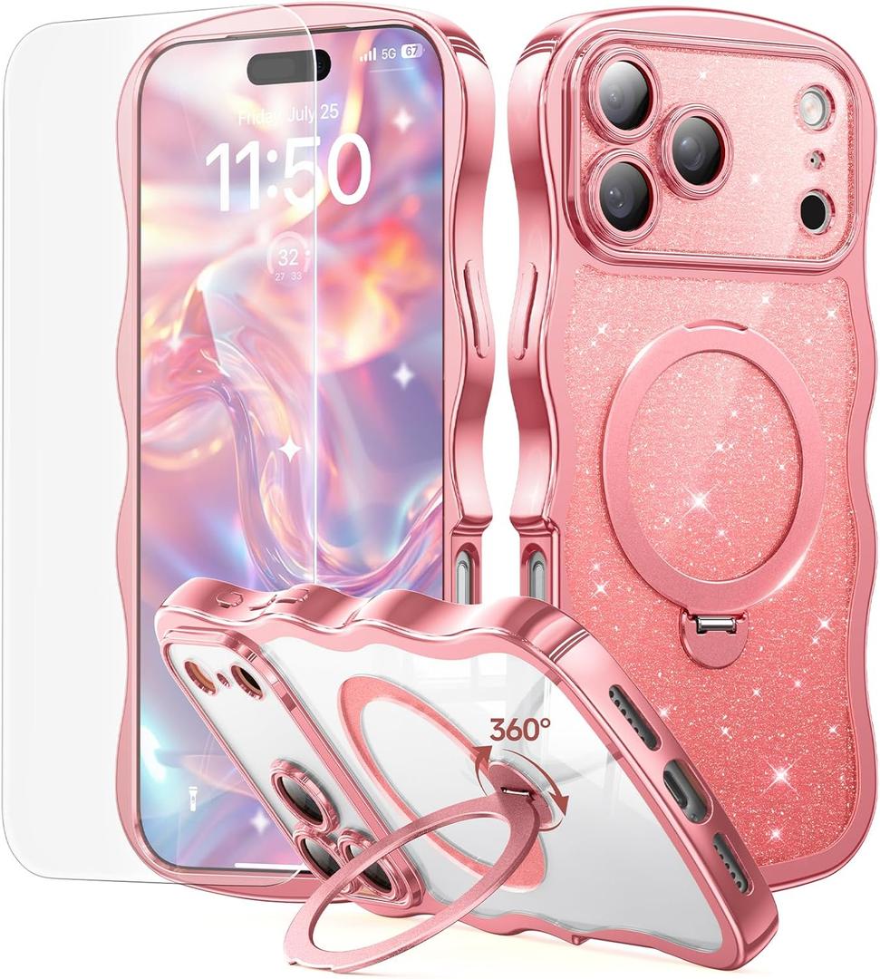 3 in 1 for iPhone 17 Pro Max Case with 360° Spin Magnetic Stand, 1X DIY Glitter Cardstock +1X Screen Protector, [Fit for Magsafe]Cute Wavy Trendy Glossy Clear Phone Cover for Women Girls 6.9", Pink