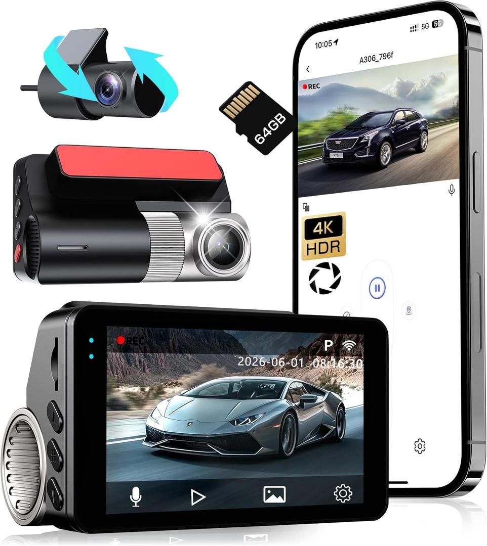 4K Dash Cam Front and Rear, G-Sensor, Free 64GB Card Included, 5.8GHz WiFi with Dash Camera for Cars, Time-Lapse Recording, 3" HD IPS, 24H Parking Mode,Night Vision