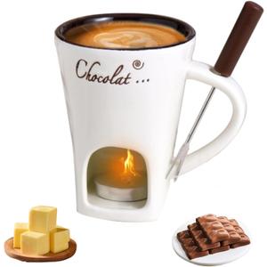 Fondue Cup, Chocolate Melting Fondue Mugs Set of with Forks and Candle, Ceramic Chocolate Melting Cup, Mini Chocolate Fondue Cups Set For Date Night Birthday Wedding Gifts (White)