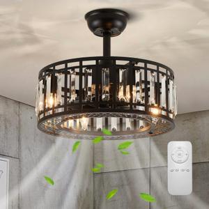 18" Black Crystal Caged Ceiling Fan with Light and Remote, Industrial Caged Chandelier Fan 8-Blade Fandelier Modern Enclosed Ceiling Fan for Kitchen Dining Room Living Room