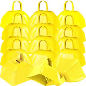 15 Pack 3 Inch Metal Cowbell Noisemaker Cheering Bell Yellow Cowbells for Sporting Events Bulk Loud Cow Bell with Handles, Small Hand Percussion Cowbells for Cheering, Football Games, Weddings