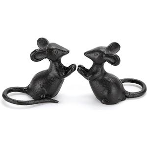 OwnMy 2 Cast Iron Cute Mouse Figurine Sculpture Black Mice Statues Carved Desktop Ornaments Figurines, Decorative Creative Animal Figurine Indoor Outdoor Statues for Garden Patio Yard Home Decoration