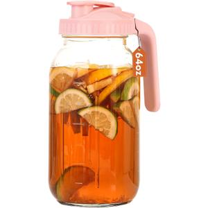Glass Pitcher with Lid, 64 OZ Mason Jar Pitcher Double Leak Proof, 2 Quart Breast Milk Storage Containers for Fridge, Wide Mouth Glass Jar for Sun Tea, Juice, Cold Brew Coffee (Pink)