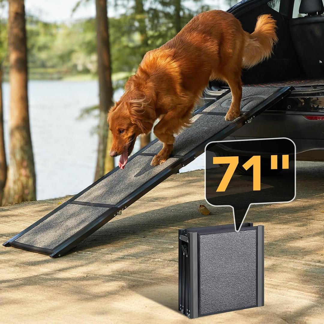 PetThem Dog Ramp for Car 71'' X-Long & 17.2" Wide Folding Dog Ramps for Large Dogs with Non-Slip Rug Surface Portable Dog Car Ramp for SUV Car & Truck, Outdoor Dog Ramp Up to 250 LBS