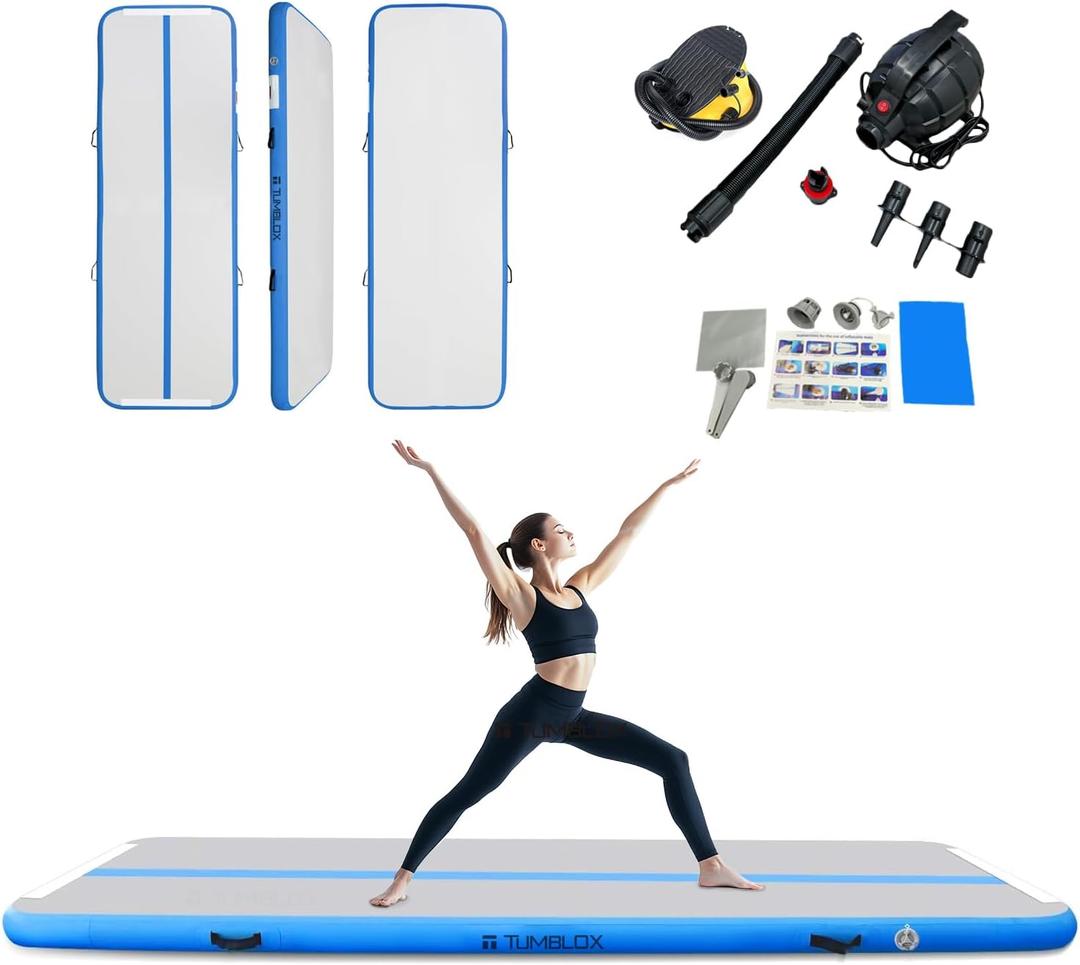 TUMBLOX Air Gymnastics Mat Inflatable & Tumbling Mat  4/8 Inches Thick with Electric Pump + Free Foot Pump  Ideal for Home, Gym, Water, and Beach Use (10ft*3.3ft*4in(3*1*0.1m), Blue)