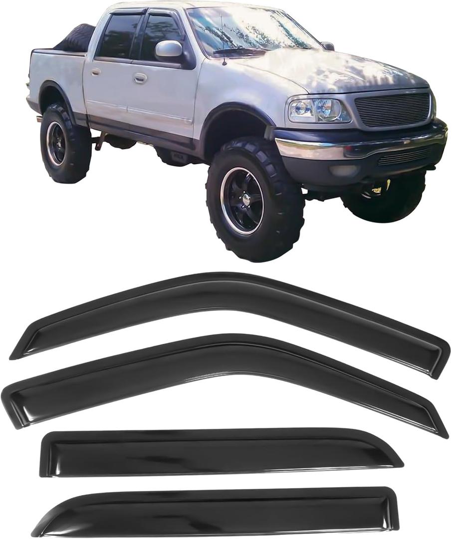 IKON MOTORSPORTS, Window Visor Compatible with 01-03 Ford F-150 Crew Cab, 02-03 Lincoln Blackwood, Acrylic Smoke Tinted & Semi-Transparent Sun Rain Shade Guard Wind Vent Air Deflector