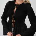Women's Long Sleeve Shirred Peplum Going Out Tops Y2K Tie Front Babydoll Shirt Blouses (Black, M)
