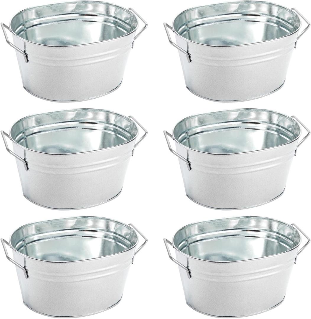 Juvale 6-Pack Small Oval Galvanized Bucket Planters with Handles - 7.5 x 6.4 x 4 in Silver Rustic Metal - Versatile Indoor & Outdoor Floral Party Favors & Home Decoration