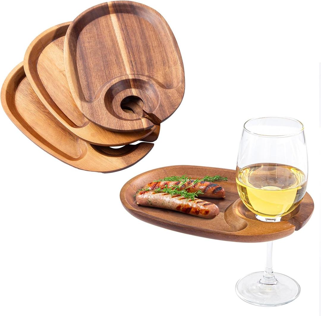 Wine Appetizer Plates, Acacia Mini Cheese Boards with Built-in Glass Holder, Wood Individual Cocktail Charcuterie Plates, Serving Platters Boards for Gatherings, Entertaining, Set of 4