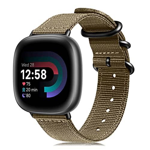Fintie Band Compatible with Fitbit Versa 4 3 / Sense 2 1, Soft Woven Nylon Sport Replacement Strap Wrist Bands, Black (Desert Tan), Set of 3