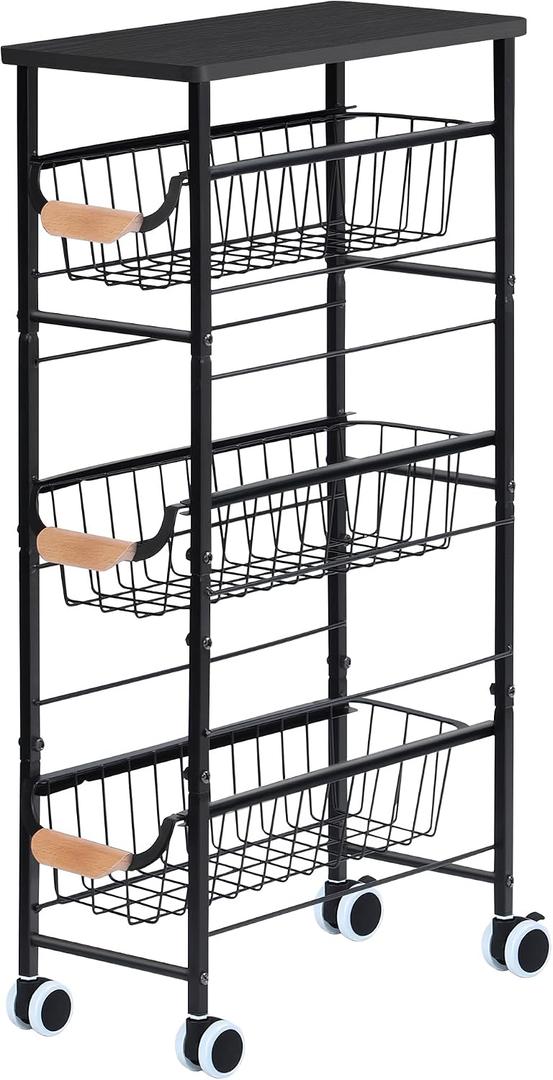Shinoske Slim Storage Cart, 4-Tier Narrow Rolling Cartwith Pull-Out Iron Basket, Sturdy Slim Storage Cabinet Iron and Wood CombinationIdeal for Kitchen, Bathroom, and Laundry Room, Black