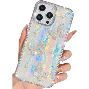 Trendy Elegent Girly Compatible with iPhone 16 Pro Max Case,Shining Cute Pearl Texture Soft Glitter Diamond Shockproof TPU Bumper(Butterfly,16 Pro Max)
