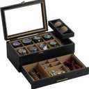 Watch Box with Tray, 2-Tier Watch Case for Large Dial Watches, 8-Slot Watch Display Case with Lid, Removable Watch Pillows, Drawer, Gifts for Men Women, Watch Organizer, Jewelry Box, Black