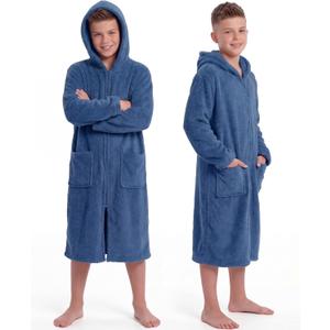 Cutecrop Kids Bath Hooded Towel Robe Soft Absorbent Swim Poncho Parka with Pocket Coral Fleece Zipper Towel Hoodie Beach Surf Change Robe Wearable Blanket for Boy Girl Pool Home Outerwear (Navy Blue, One Size)
