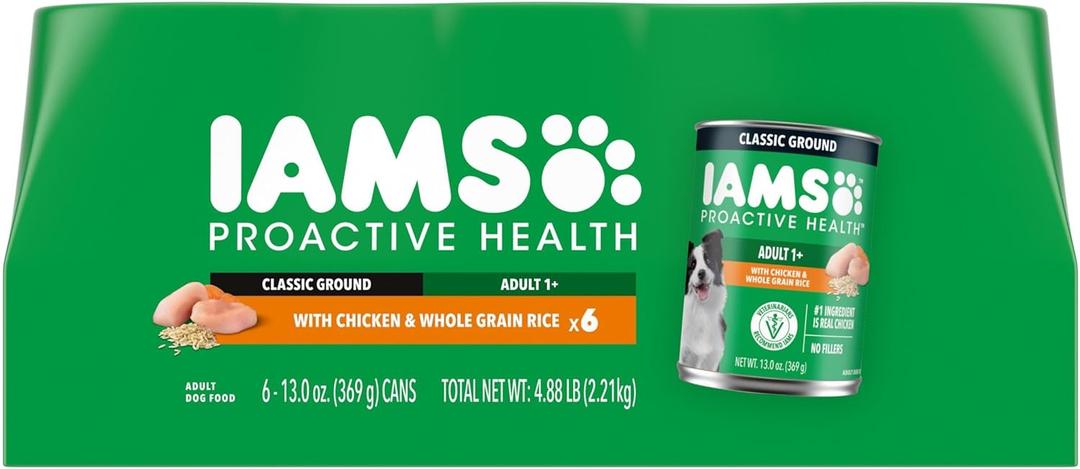 IAMS Proactive Health Wet Dog Food, Adult Wet Dog Food Multipack Ground Dinner, with Chicken & Whole Grain Rice, 13 oz. Cans (Pack of 6) (EXP 06/01/26)