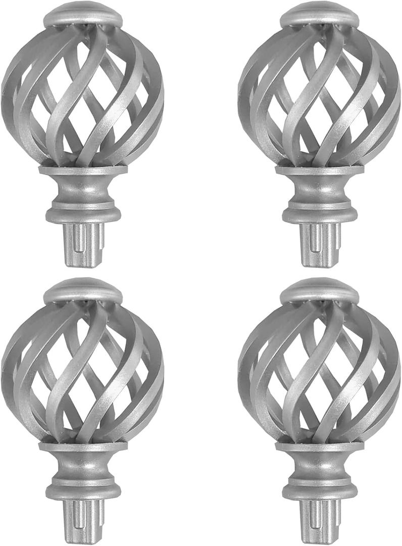 Finials for Curtain Rods, 4 Pcs Curtain Rod Finials for 5/8 Inch Dia Rod,Drapery Rod Finials of Spiral Cage Shape(Silver)