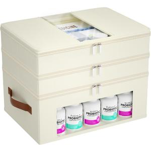 3-Tier Medicine Cabinet Organizer, Fabric Medicine Organizer for Cabinet with Leather Handle, Medicine Storage Box for First Aid, Organizers and Storage Home Must Haves (Beige)