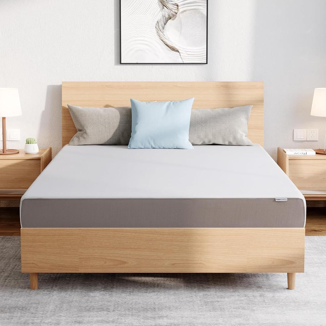 Amazon Basics Memory Foam Plush Mattress, Queen, White/Grey, 80 x 60 x 8 inches