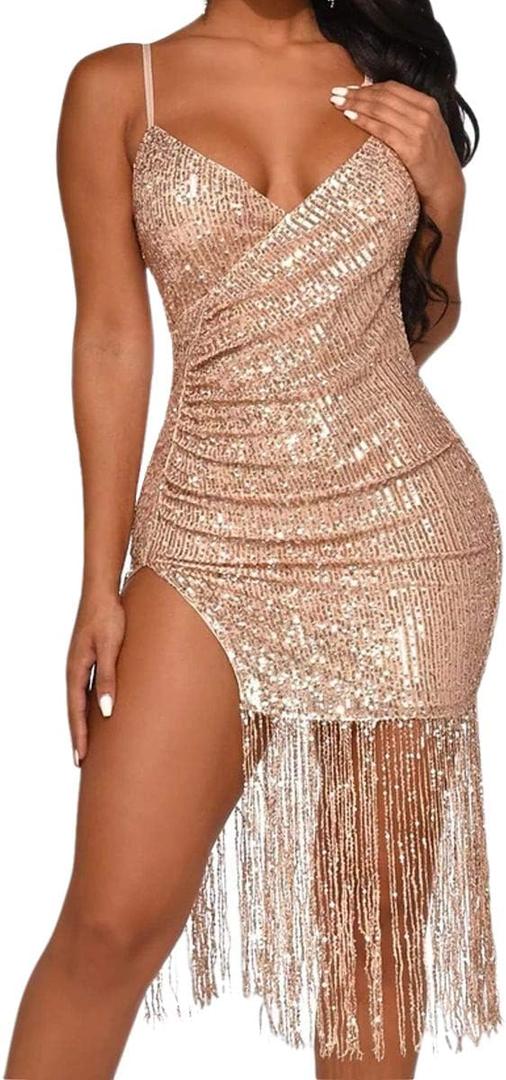 CLAUBTY Women Sequin Slip Dress Champagne Size L Tassel Hem Deep V-Neck Backless Spaghetti Strap Dresses Off Shoulder Sexy Night Club Party Club