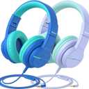 iClever Kids Headphones for School/Travel with Safe Volume 74/85dBA, HS19 Stereo Sound Over-Ear Headphones for Kids with Mic FunShare, Foldable 3.5mm Wired for iPad/Computer, 2 Pack (Purple & Blue)