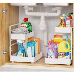 EVERIE Height Adjustable 2 Tier Metal Pull Out Slide Shelf Organizer for Framed or Frameless Under Sink Cabinets in Kitchen, Bathroom, with Snap-on Top Tray (White, 2 Sets)