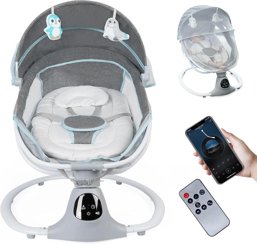 Electric Baby Swing for Infants to Toddler, Portable Swing Baby Rocker with 5 Point Harness, 5 Sway Speed, Bluetooth,12 Preset Lullabies with Remote Control, Infant Swing for Baby Boys & Girls, Grey (Gray)