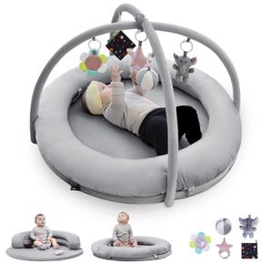 Hiseeme 5 in 1 Baby Play Gym, Thick & Plush Baby Playmats, Tummy Time Mat with 5 Toys for Sensory & Motor Skill Development, Baby Activity Mat from Newborn to Toddler, Infant Gift Essentials (Grey)