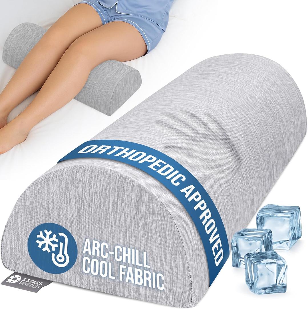 5 STARS UNITED Knee Pillow for Back Sleeping  Cooling Cover - Memory Foam Cushion for Sciatica Pain Relief  Under Leg Support for Sleeping on Back  Large Half Moon Bolster for Bed, Arctic Gray