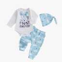 Gueuusu My First Easter Baby Boy Outfit Long Sleeve Bunny Romper Rabbit Long Pants Hat 3Pcs Clothes Set 12 18M