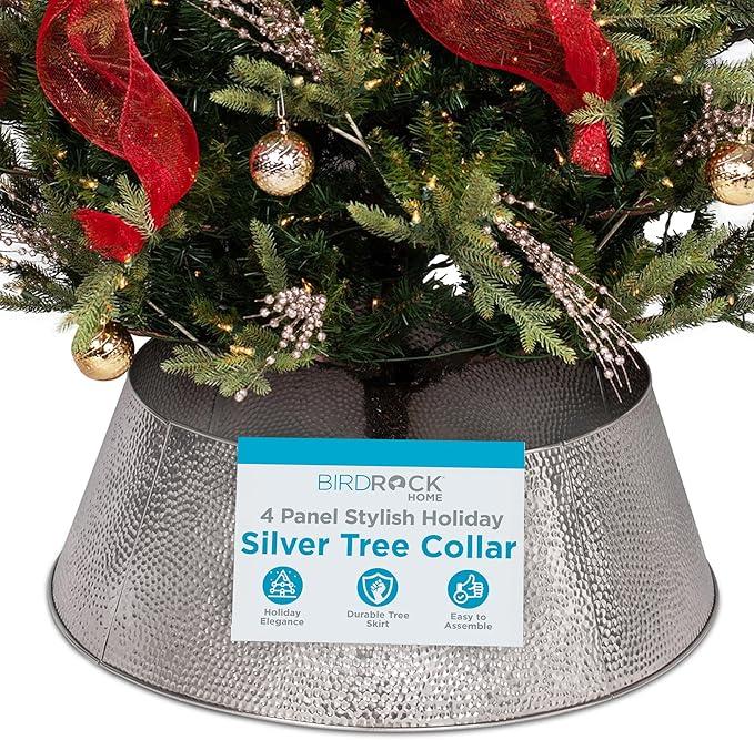 BIRDROCK HOME 4-Panel Christmas Tree Collar - Metal Holiday Skirt Decor - Water Base Protection from Pets (Silver - Hammered)