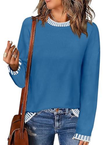 PrinStory Women's 2024 Fall Fashion Sweaters Crewneck Long Sleeve Casual Knit Pullover Tops with Side Slits Winter Outfits Clothes Solid Blue US Medium
