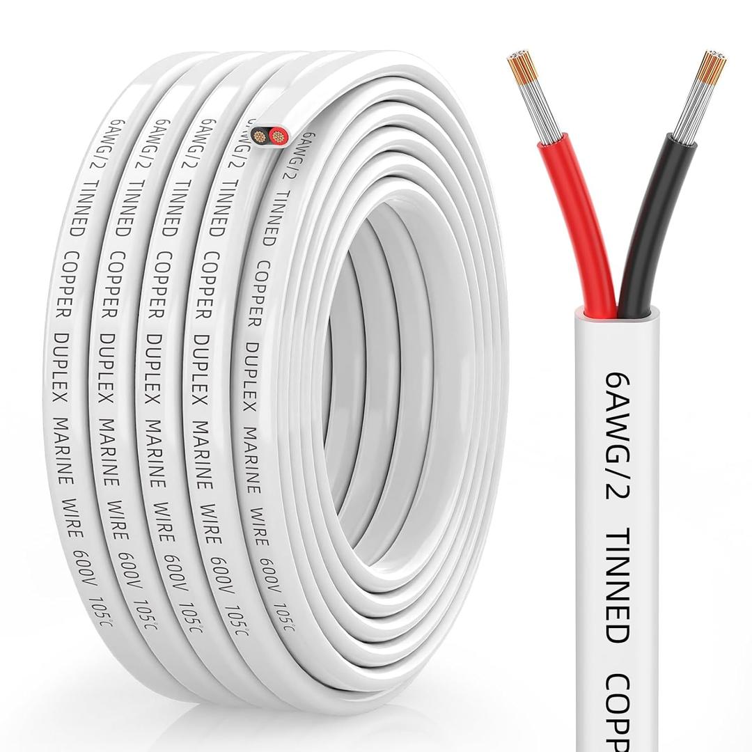 CONEPY 6 Gauge Marine Wire, 6/2 Duplex Marine Grade Cable, IP68 Waterproof/Oxygen-Free Tinned Copper Stranded PVC 6 AWG Wire for Boat, Automotive, RV, Solar, LED Strips (15FT)