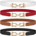 WERFORU Women Skinny Belt for Dresses Retro Stretch Waist Belt with Gold Buckle Set of 4 (Fits Waist 22"-28", I-white+black+red+dark Brown-gold Buckle)