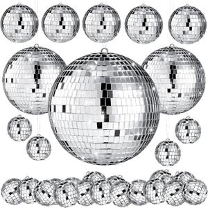 MTLEE 20 Pcs Disco Balls Decoration Mirror Disco Ball Assorted Silver Mini Glass Different Sizes Reflective with Rope for 70s Wedding Dance Music(4, 3. 2, 2 Inch)