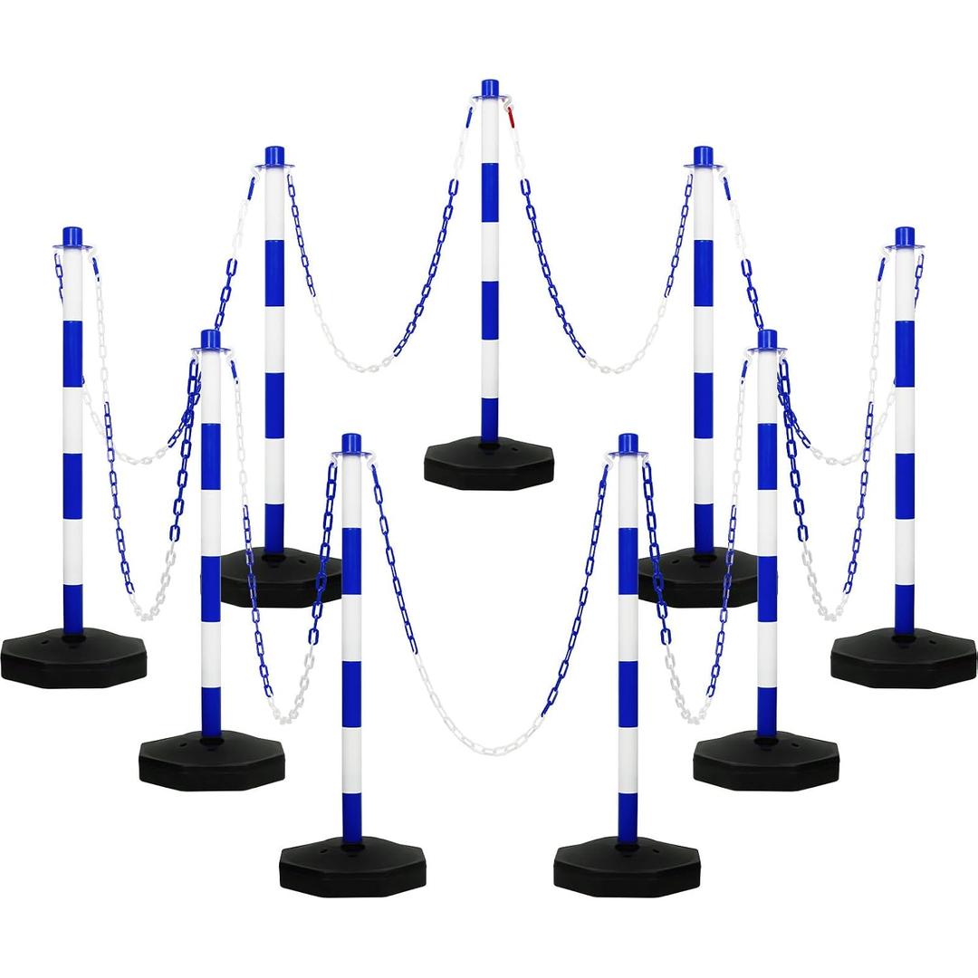 Amylove 9 Packs Traffic Delineator Post Cone with Base, Traffic Cones Safety Cones Caution Cones Plastic Stanchion Chain Safety Barriers with 6.6 Feet Link Chain and S Hooks for Parking Lot (Blue)