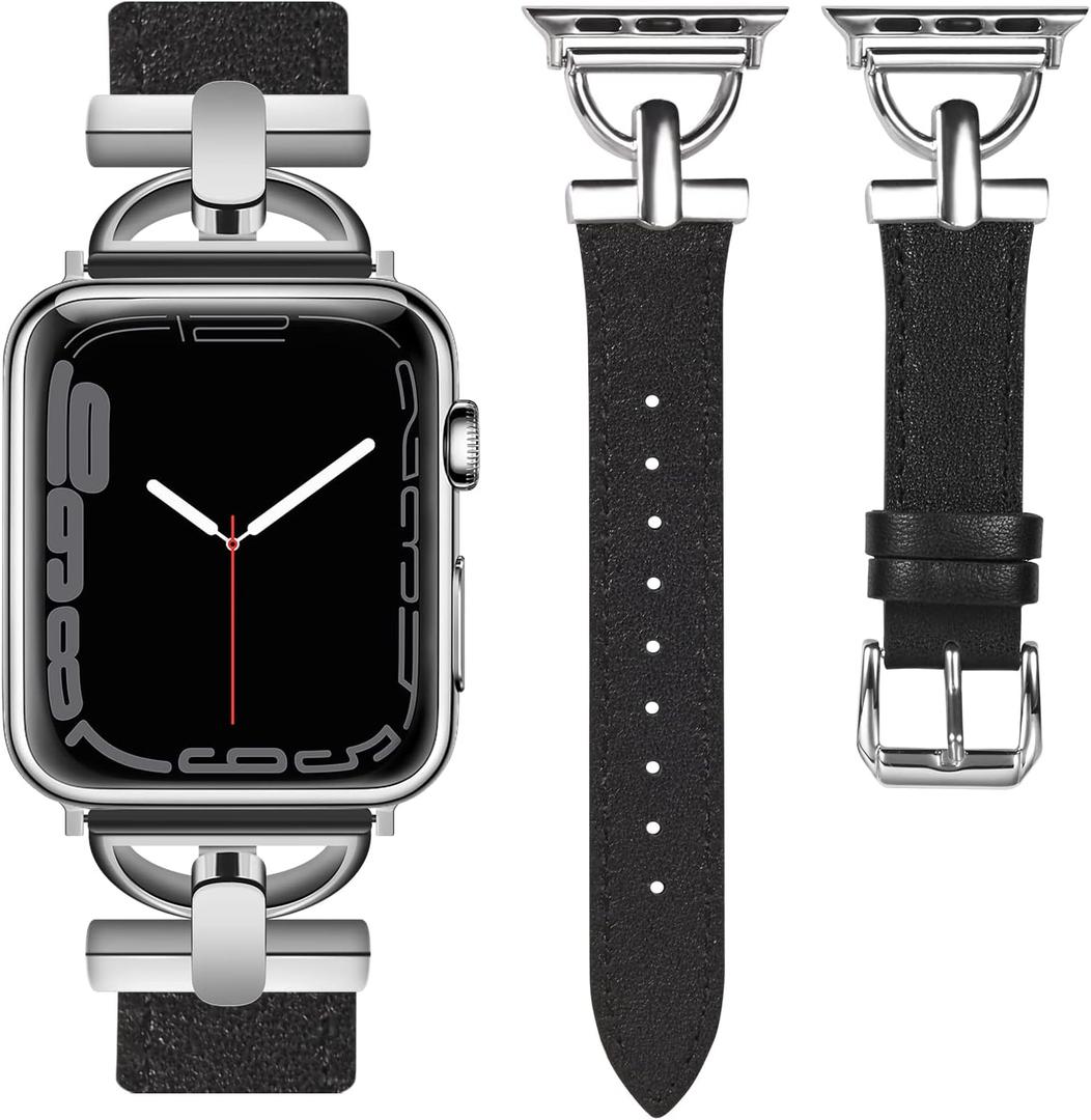 Wearlizer Leather Band Compatible with Apple Watch Bands Women 41mm 40mm 38mm 49mm 46mm 45mm 44mm 42mm, Fancy Dressy Strap for iWatch Series 11 10 9 8 7 6 5 4 3 SE/Ultra 3 2 1 (Black/Silver)