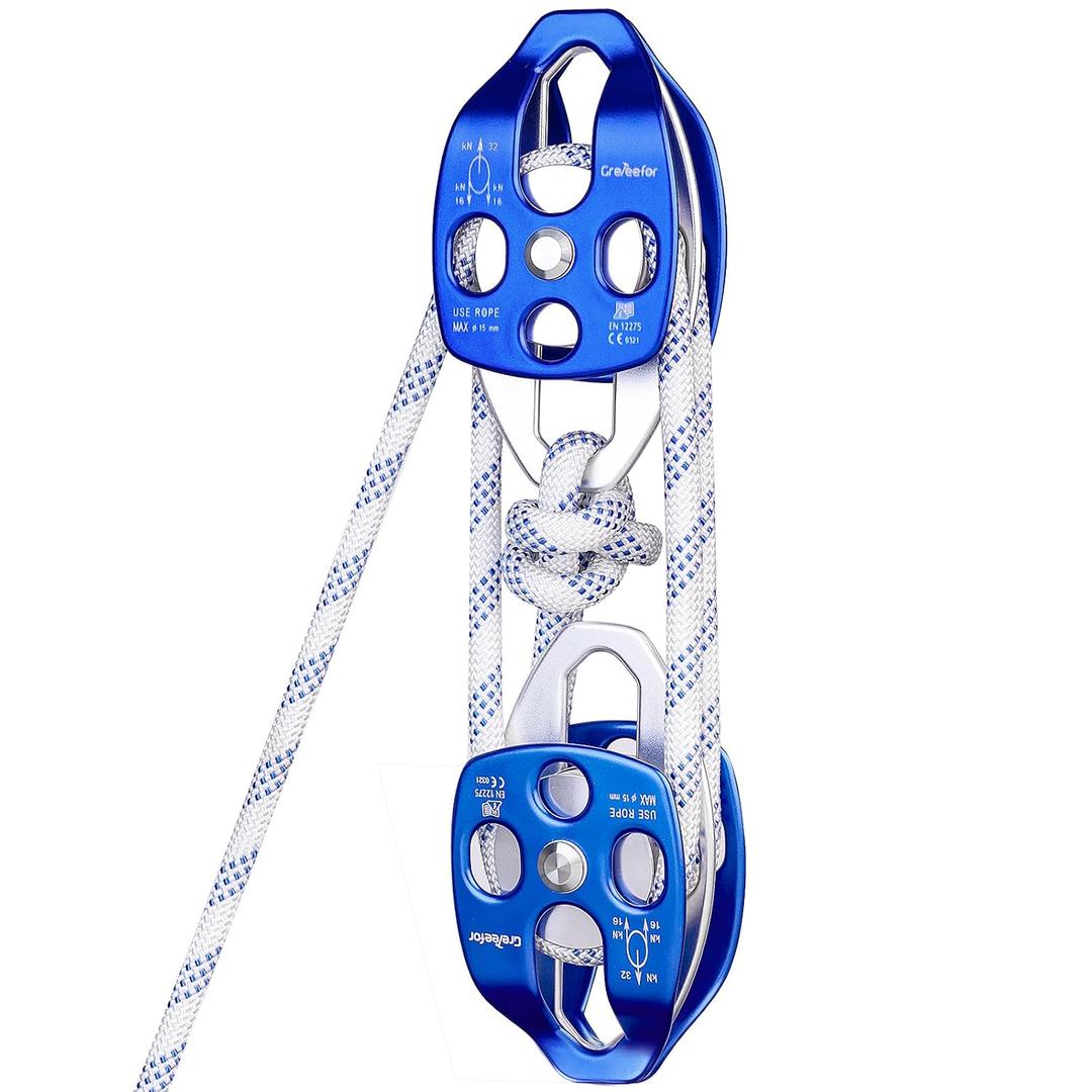 Heavy-Duty Double Block and Tackle Pulley System 100Ft x 1/2'' Rope, 7700 LB(35KN) Breaking Strength, 4:1 Lifting Ratio Ideal for Garage, Attic, and Heavy Lifting Applications