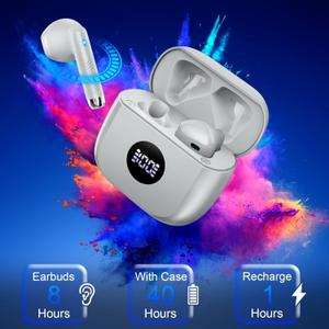 Jxrev J53 1 Pack Grey and White Wireless Earbuds, Bluetooth Ear Buds LED Power Display Headphones Bass Stereo, Earbuds in-Ear Noise Cancelling Mic, 40H Playback Mini Case