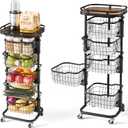 5 Tier Kitchen Fruit Vegetable Storage Cart with One-Piece Rotating Basket, Pantry Organizer Shelf Rack Floor Stand for Veggie Onion Potato Produce Spice, Rolling Snack Cart on Wheels, Black