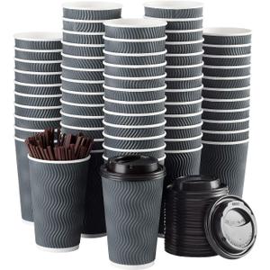 Disposable Coffee Cups with Lids and Straws - 16 oz (90 Set) Togo Hot Paper Coffee Cup with Lid To Go for Beverages Espresso Tea Insulated Reusable Cold Drinks Ripple Cups Protect Fingers From Heat