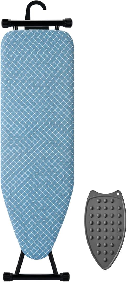 BKTD Compact Ironing Board 13 x 43, Iron Board with Heat Resistant Surface, Adjustable Height, Space Saving Table with Hook & Iron Rest for Home & Laundry Room, Diagonal Checkered Blue